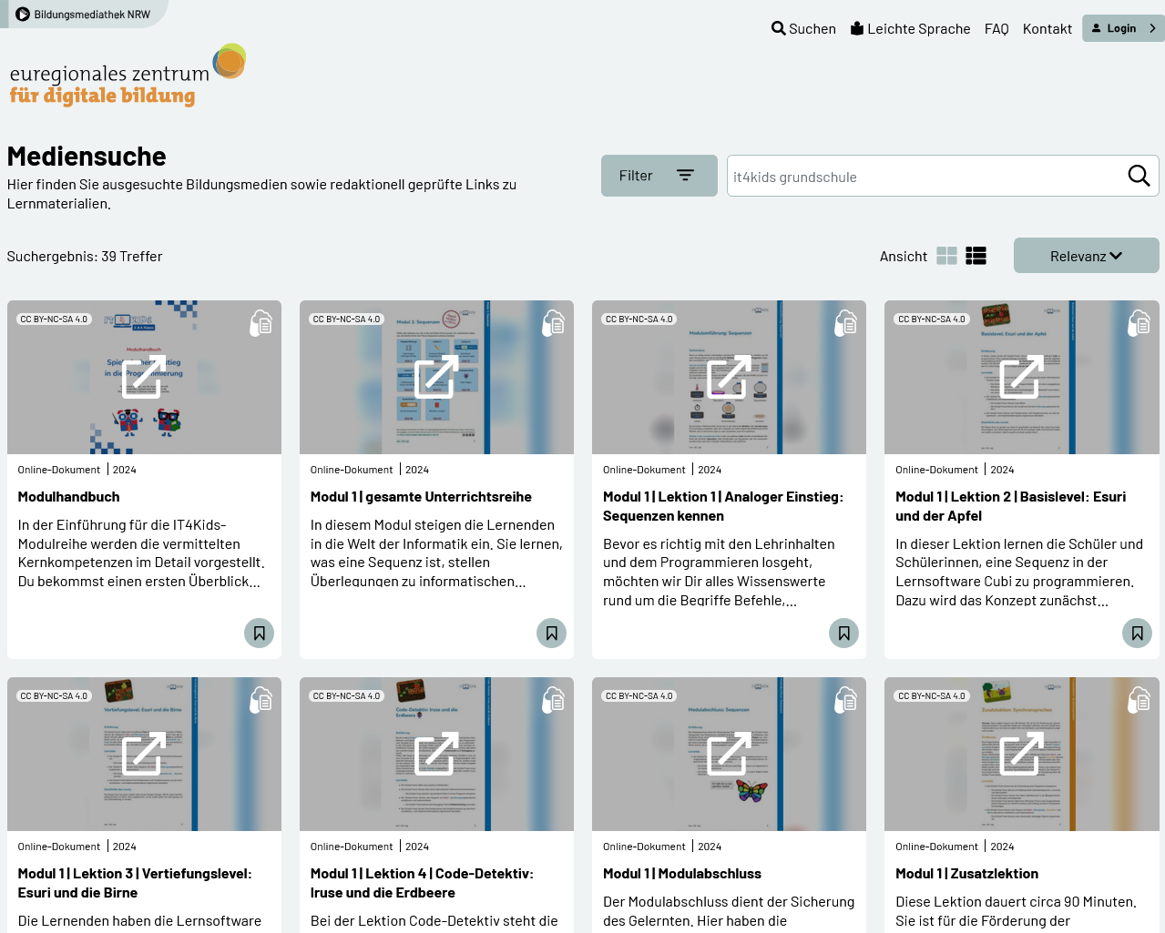 Screenshot der Bildungsmediathek NRW mit IT4Kids-Unterrichtsmaterialien